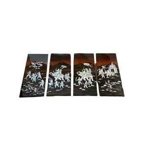 Asian Vintage Set 4 Mother of Pearl Inlay Black Lacquer Wooden Wall Panels Lot o
